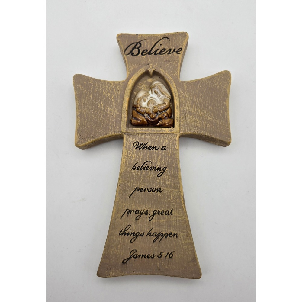 Believe Religious Wall Cross James 5:16 Scripture Ceramic Prayer Decor